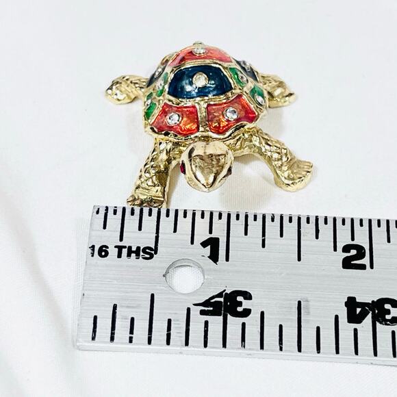 Turtle Shaped Ceramic Hinged Trinket Box Porcelain Crystals Gold Tone Multicolor - Picture 9 of 9
